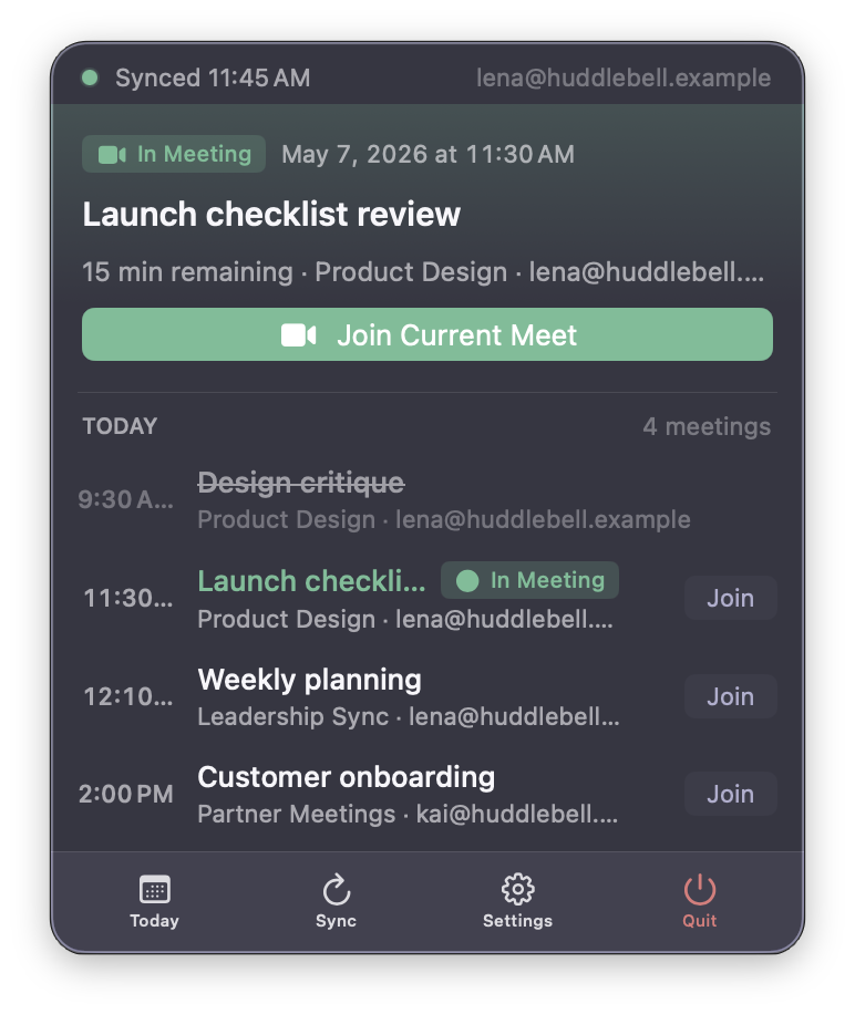 HuddleBell popover showing a meeting in progress, with a Join Current Meet button
